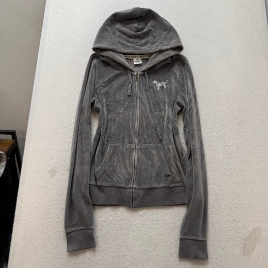 PINK Victoria's Secret Women's Charcoal Velour Zip Up Hoodie Graphic Logo Size L