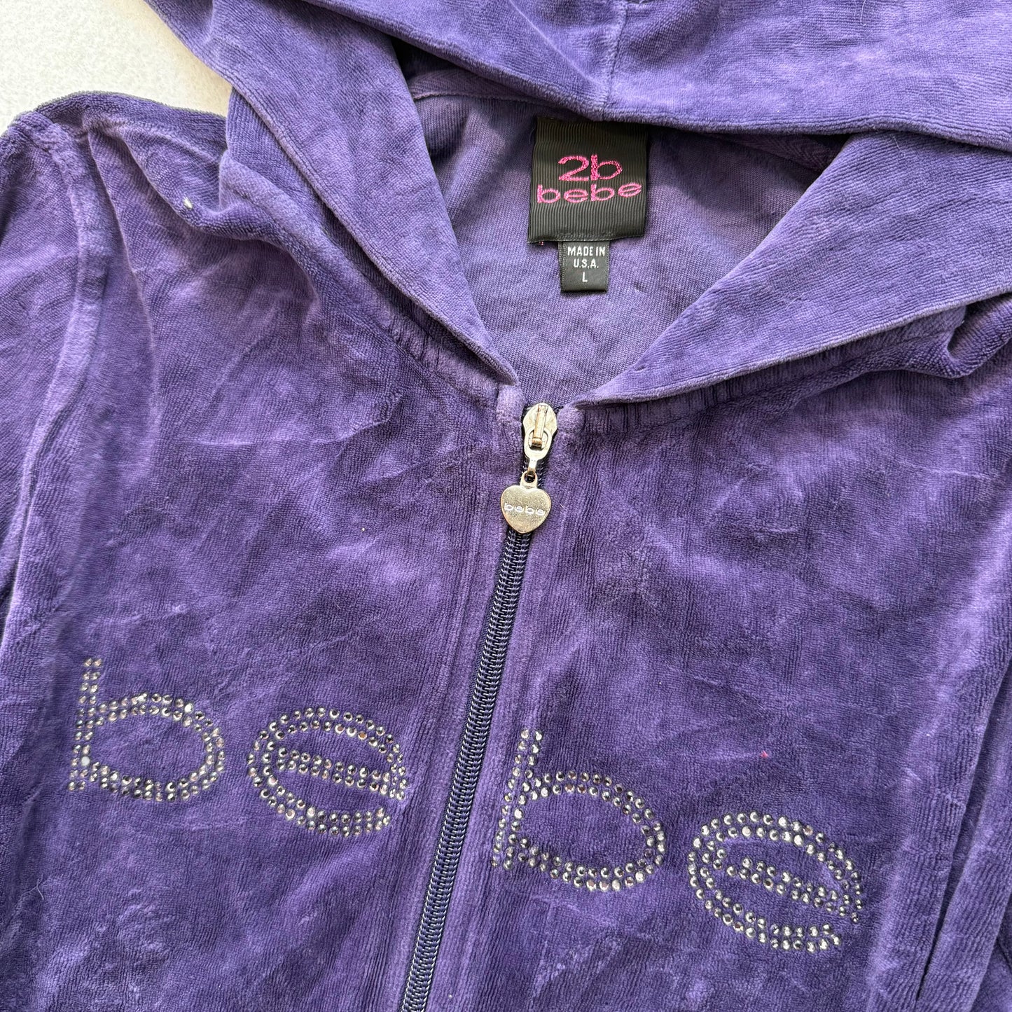 Bebe Women's Deep Purple Velour Zip-Up Hoodie Rhinestone Logo Made in USA Size L