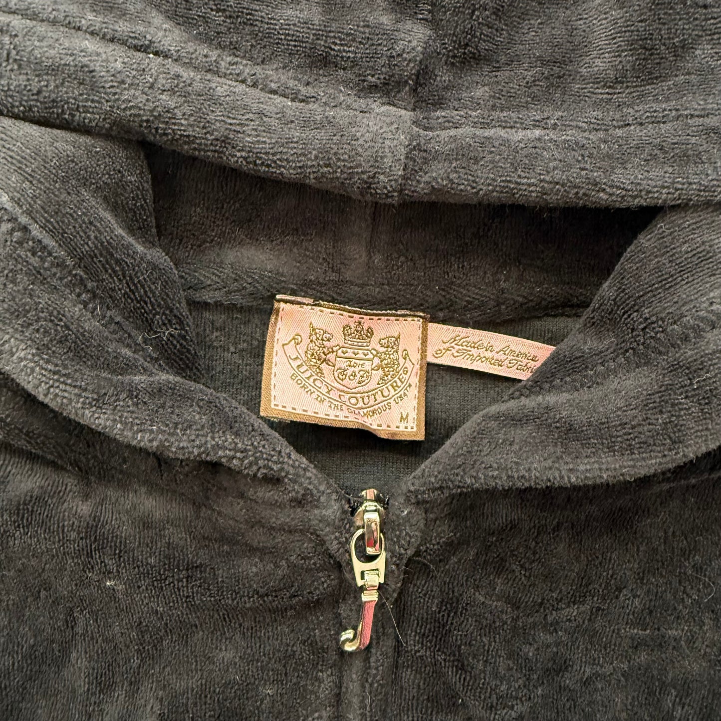 Juicy Couture Women's Jet Black Velour Zip-Up Hoodie Kangaroo Pockets Y2K Size M