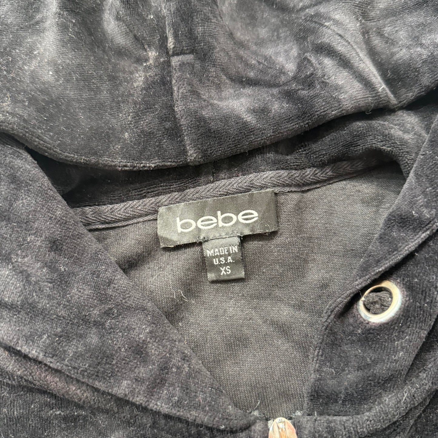 Bebe Women's Black Velour Zip Up Hoodie Rhinestone Heart Made In The USA Size XS
