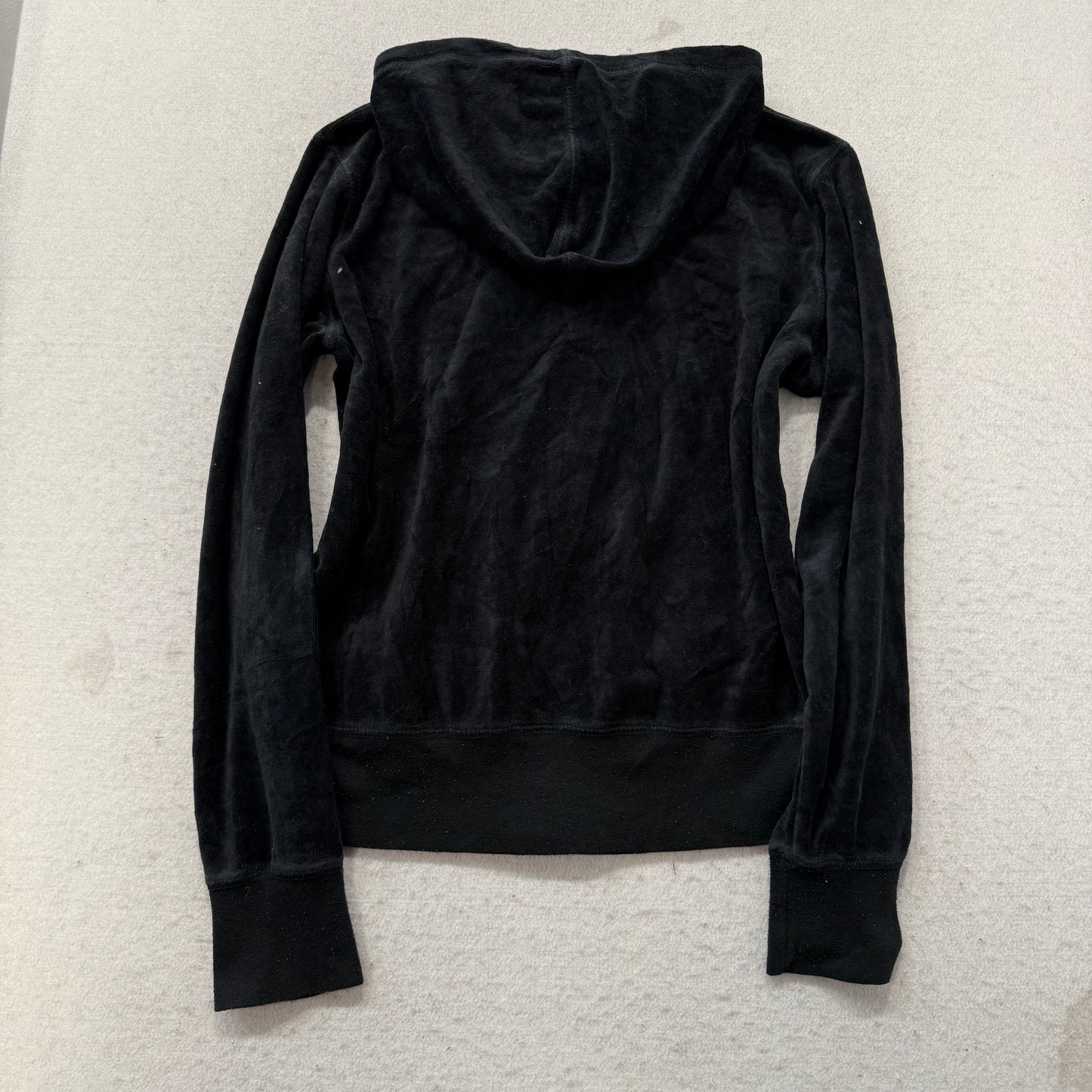 Juicy Couture Women's Black Velour Zip-Up Hoodie Drawstring Pockets Y2k Size M