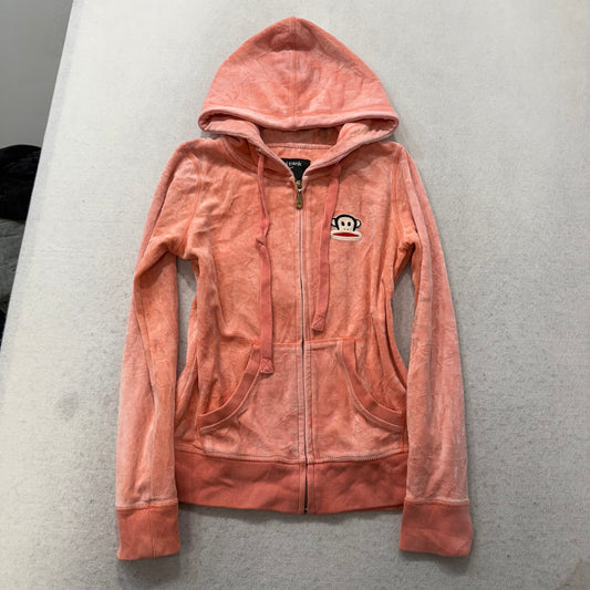 Paul Frank Womens Coral Pink Velour Zip Up Hoodie Embroidered Monkey Logo Size S