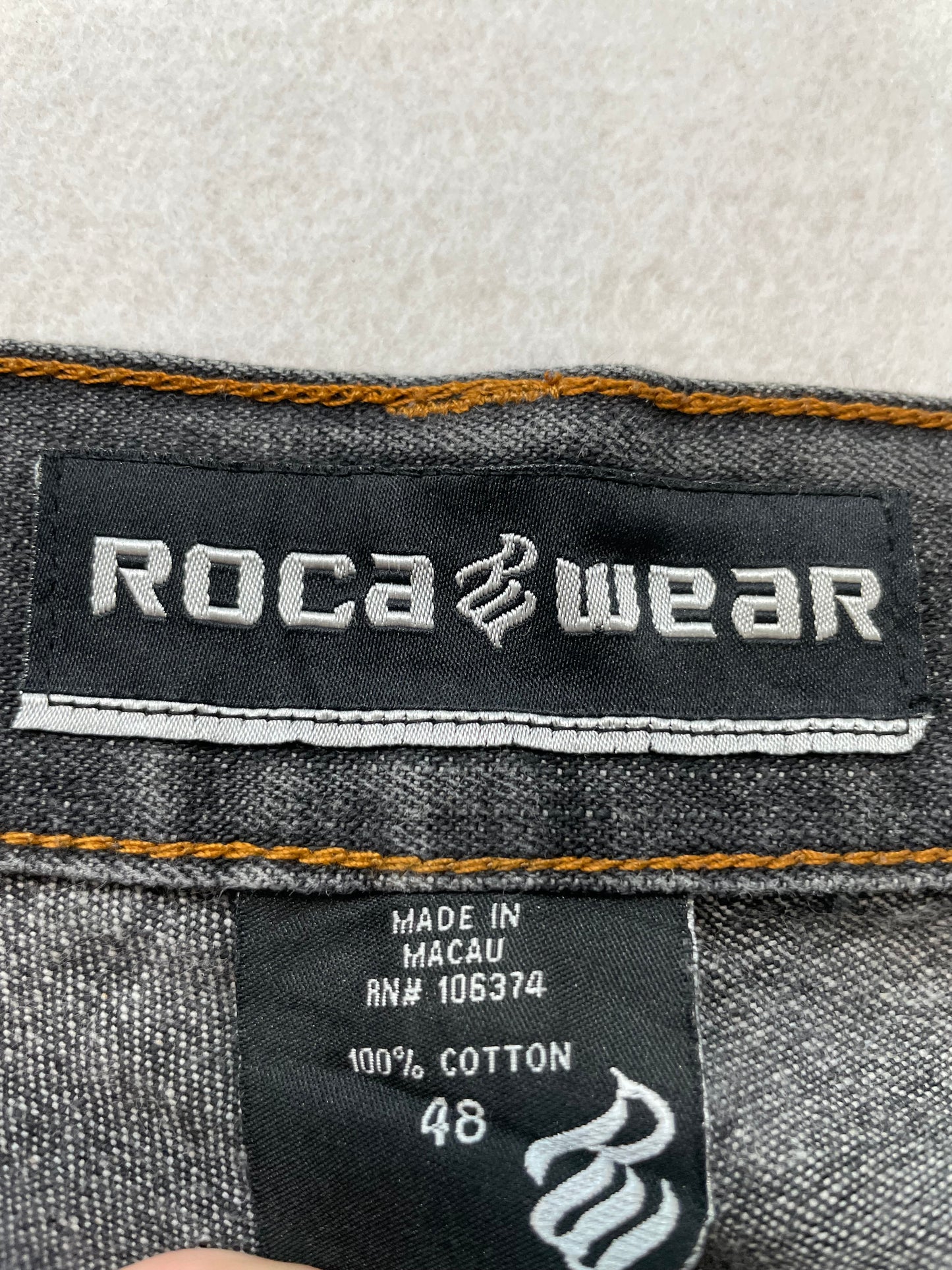 Rocawear Black Denim Jeans Straight Leg Embroidered Logo Back Pocket Size 48
