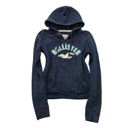 Hollister Navy Cotton Blend Pullover Hoodie Kangaroo Pocket Seagull Logo Size L