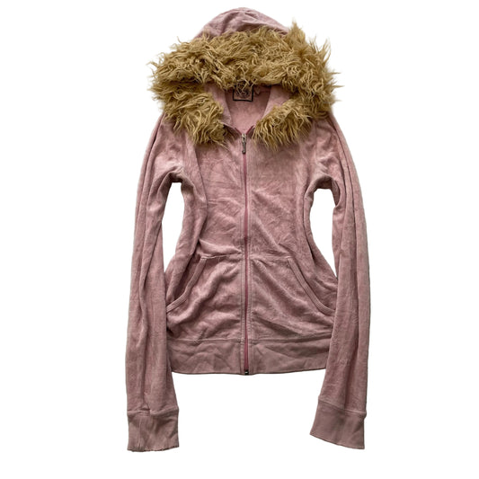 Juicy Couture Women's Pink Velour Zip-Up Hoodie Faux Fur-Trimmed Hood Size M