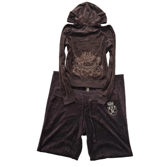 Juicy Couture Womens Dark Brown Velour Tracksuit Set Hoodie & Pant Logo Size M/L