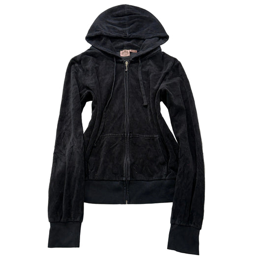 Juicy Couture Womens Black Velour Full Zip Hoodie Pockets Loungewear Y2K Size XL