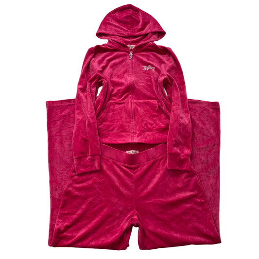 Juicy Couture Women's Hot Pink Velour Tracksuit Set Hoodie & Flared Pant Size L