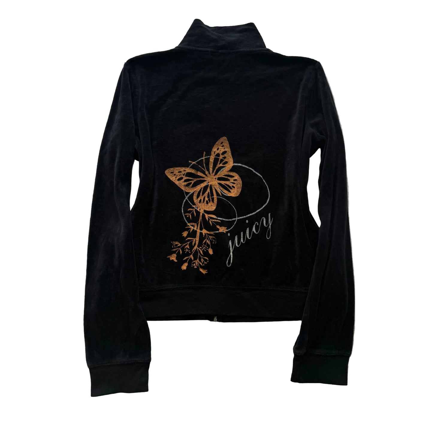 Vintage Juicy Couture Womens Black Velour Zip-Up Hoodie Butterfly Graphic Size L