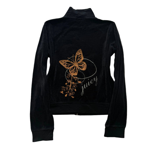 Vintage Juicy Couture Womens Black Velour Zip-Up Hoodie Butterfly Graphic Size L