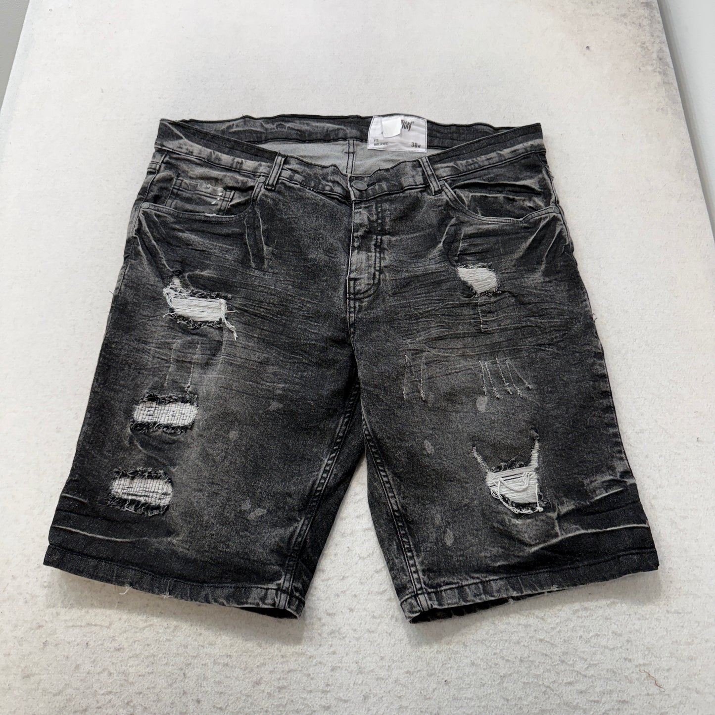 Evolution In Design Men's Black Distressed Denim Shorts Relaxed Fit Size W38