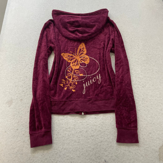 Juicy Couture Womens Maroon Velour Zip-Up Hoodie Butterfly Graphic Pocket Size M