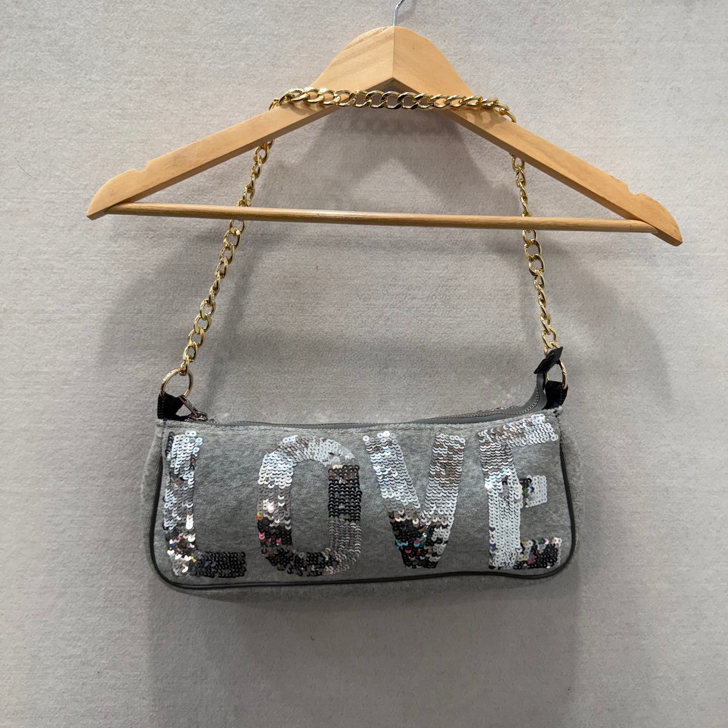 Victoria's Secret PINK Gray Velour Sequin Gold Chain Strap Shoulder Bag Size L