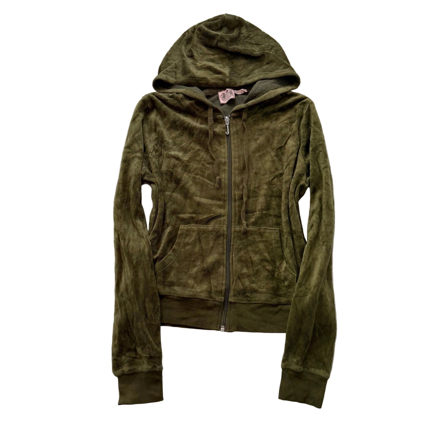 Vintage Juicy Couture Womens Olive Green Velour Zip-Up Hoodie Pockets Y2K Size S