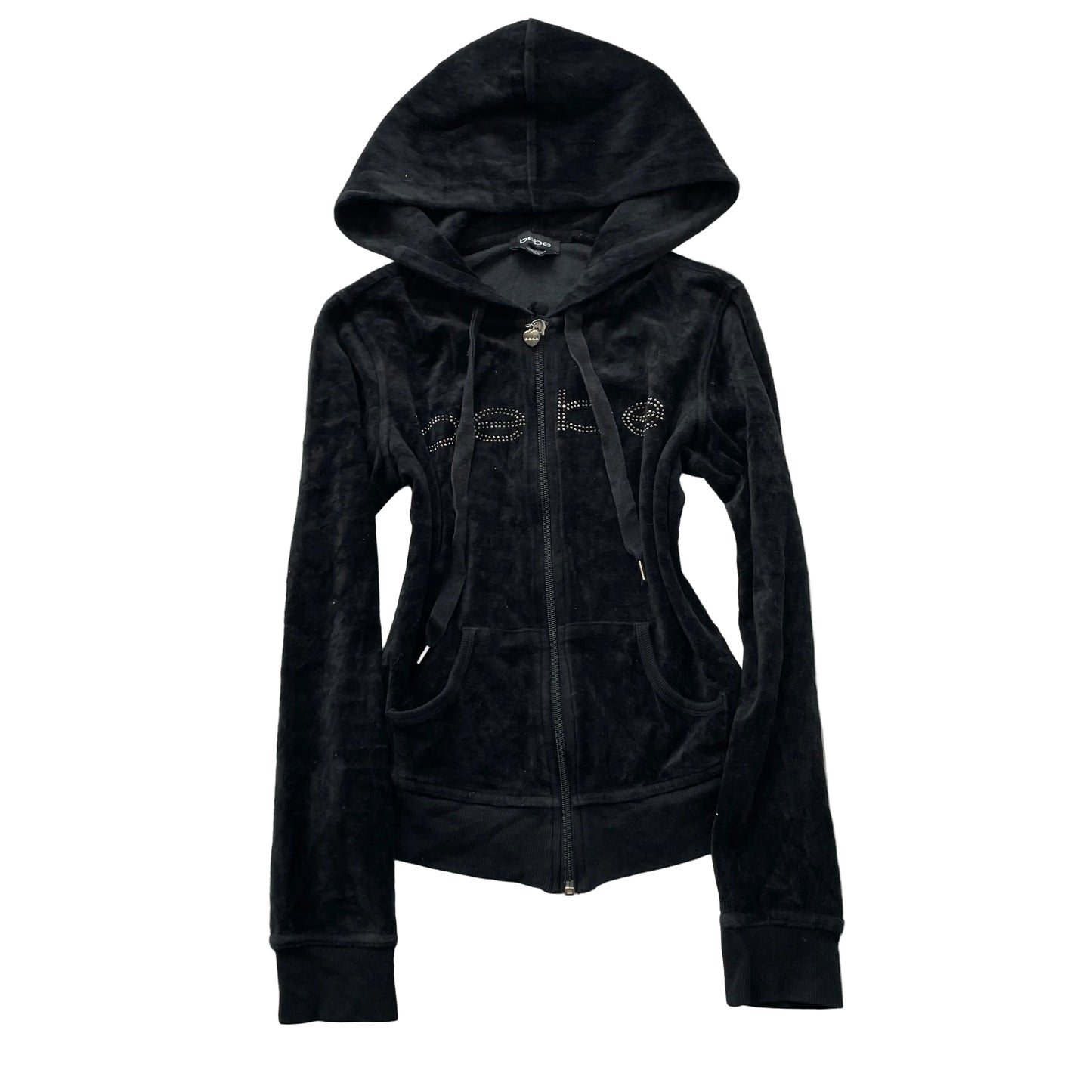 Bebe Women's Charcoal Velour Zip-Up Hoodie Drawstring Rhinestone Front Logo - XS