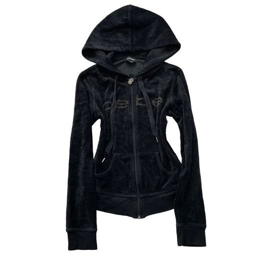 Bebe Women's Charcoal Velour Zip-Up Hoodie Drawstring Rhinestone Front Logo - XS