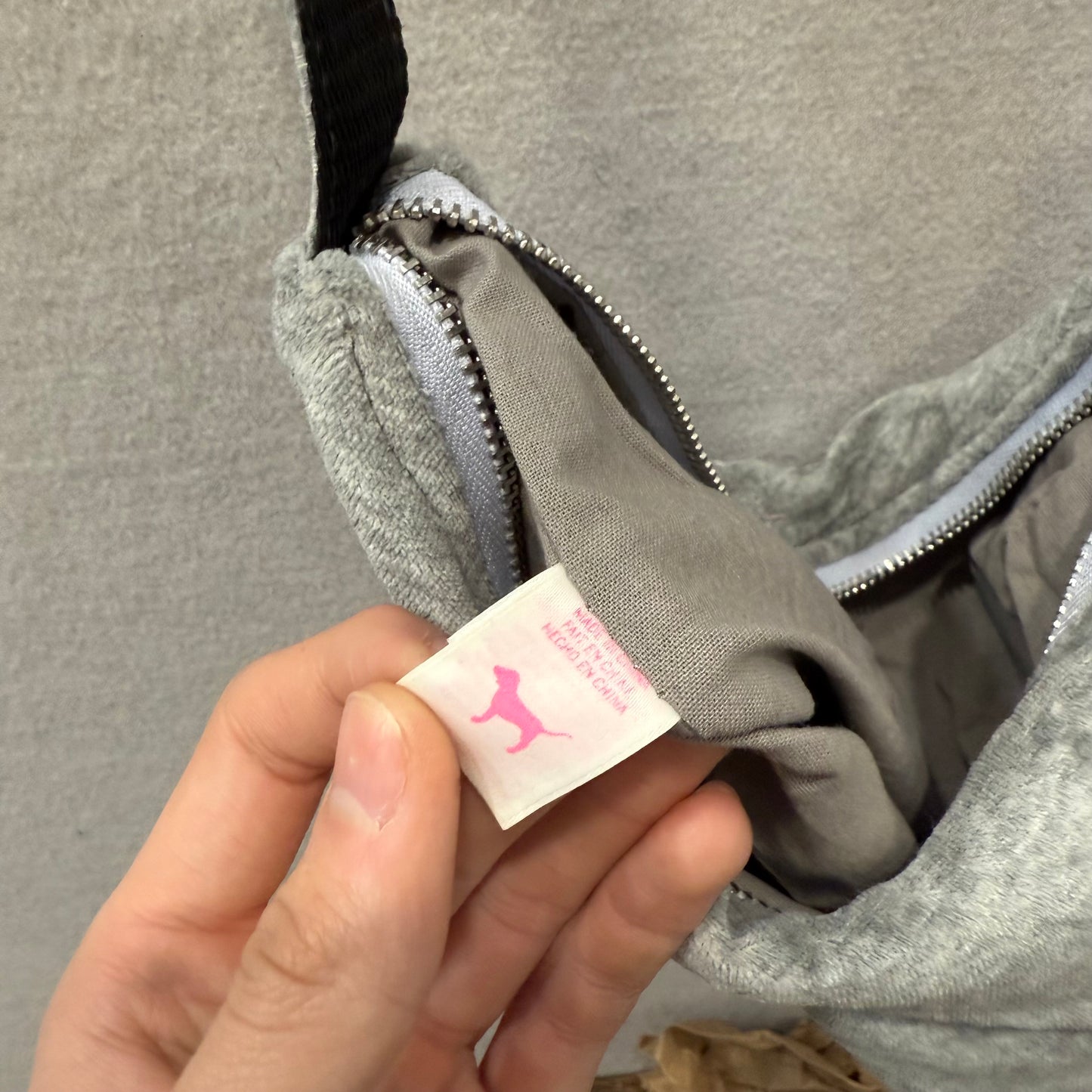 PINK by Victoria's Secret Gray Velour Casual Wear Logo Shoulder Baguette Bag