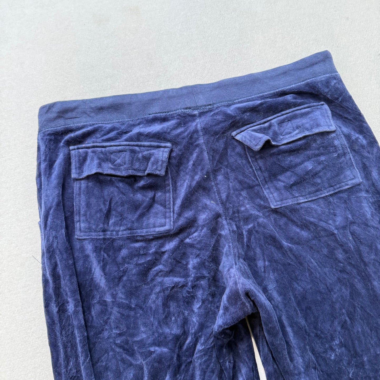 Juicy Couture Women's Navy Velour Wide Leg Flare Track Pant Pockets Y2K Size XL
