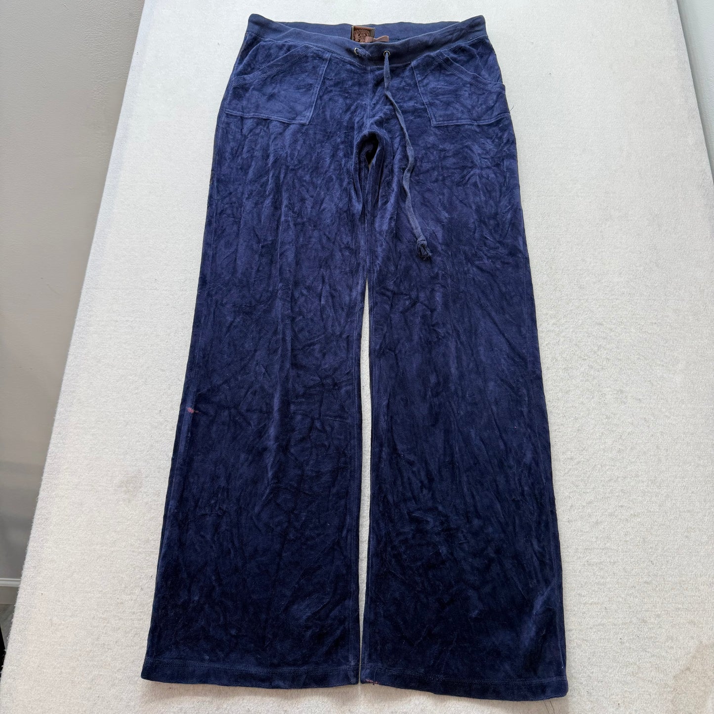 Juicy Couture Women's Navy Velour Wide Leg Flare Track Pant Pockets Y2K Size XL