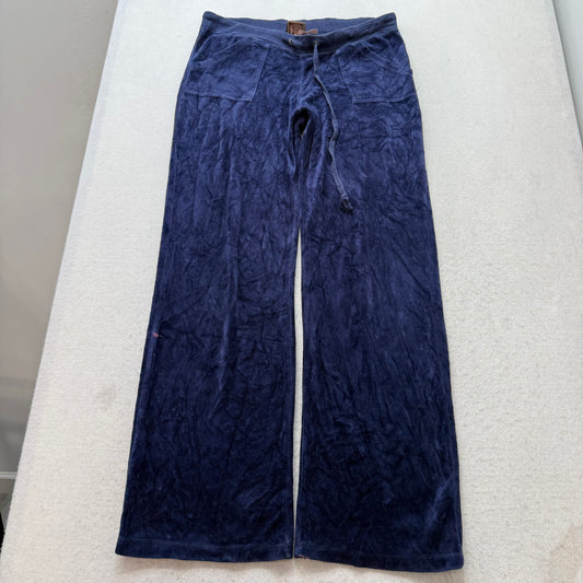 Juicy Couture Women's Navy Velour Wide Leg Flare Track Pant Pockets Y2K Size XL