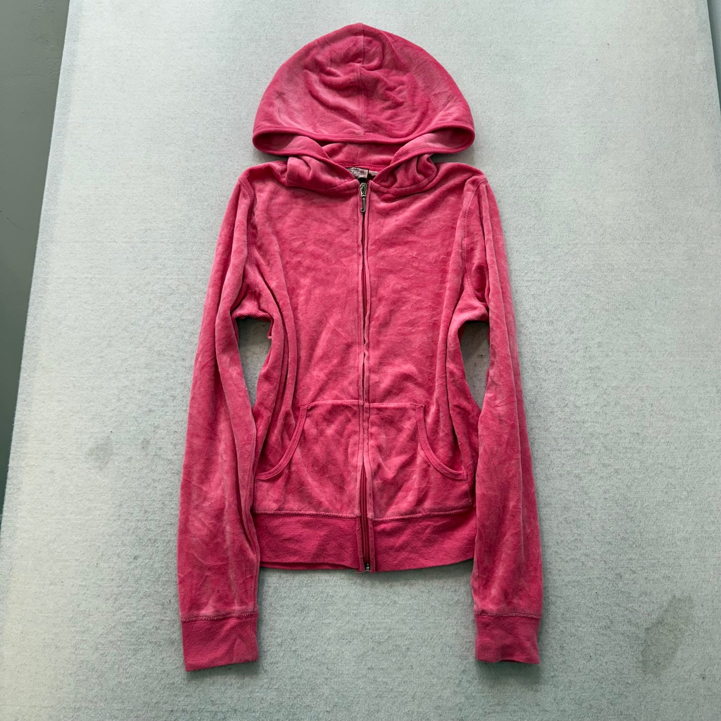 Juicy Couture Women's Pink Velour Full Zip Hoodie Rhinestones Logo Preppy Size M
