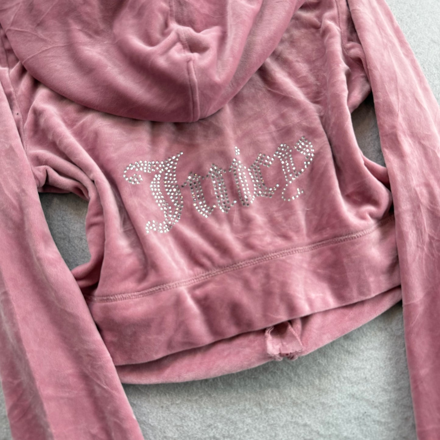 Juicy Couture Women's Pink Velour Zip-Up Cropped Hoodie Rhinestone Logo Size M