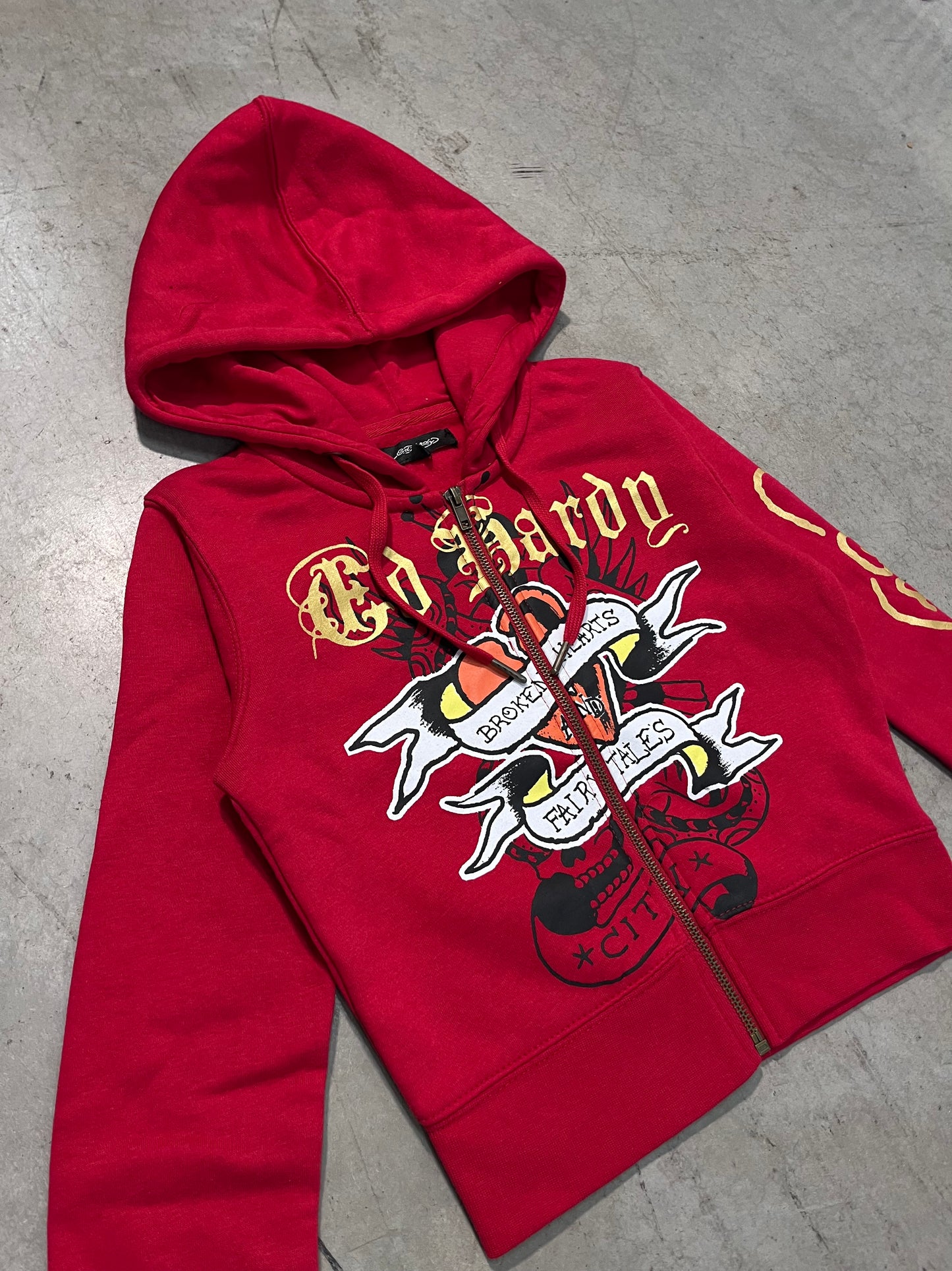 ED HARDY “Broken Hearts” RED CROPPED ZIP UP HOODIE - Clean Curriculums 