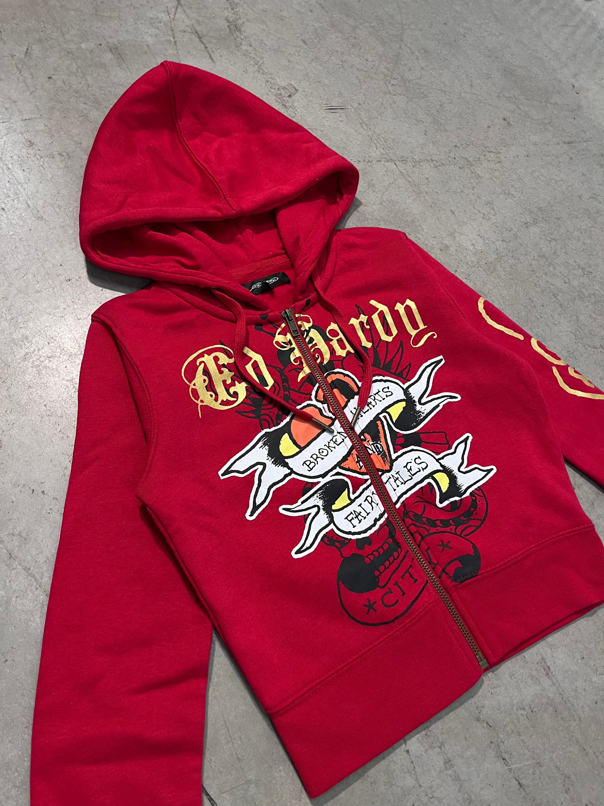 ED HARDY “Broken Hearts” RED CROPPED ZIP UP HOODIE - Clean Curriculums 