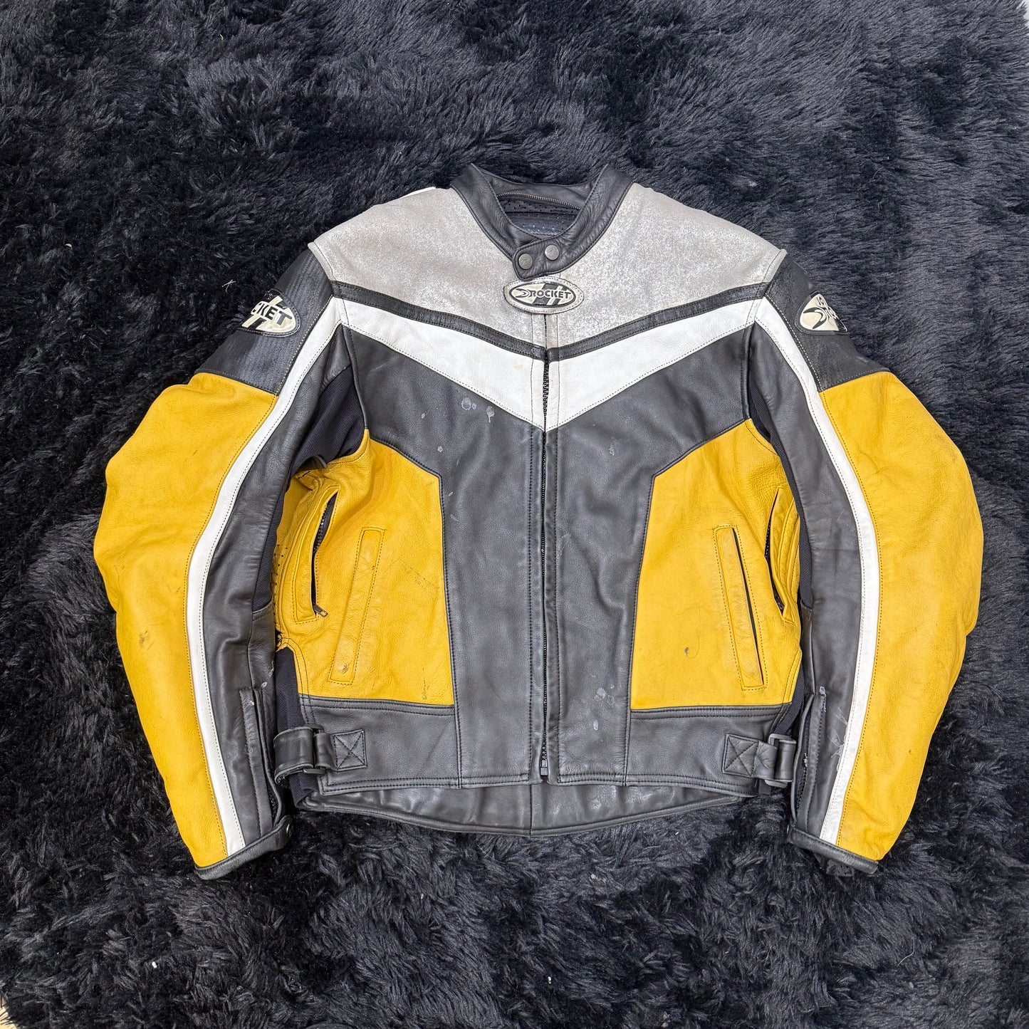 Joe Rocket Black Yellow Leather Motorcycle Jacket Racing Zip Front Size XL