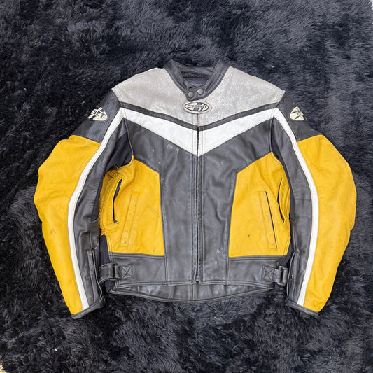 Joe Rocket Black Yellow Leather Motorcycle Jacket Racing Zip Front Size XL