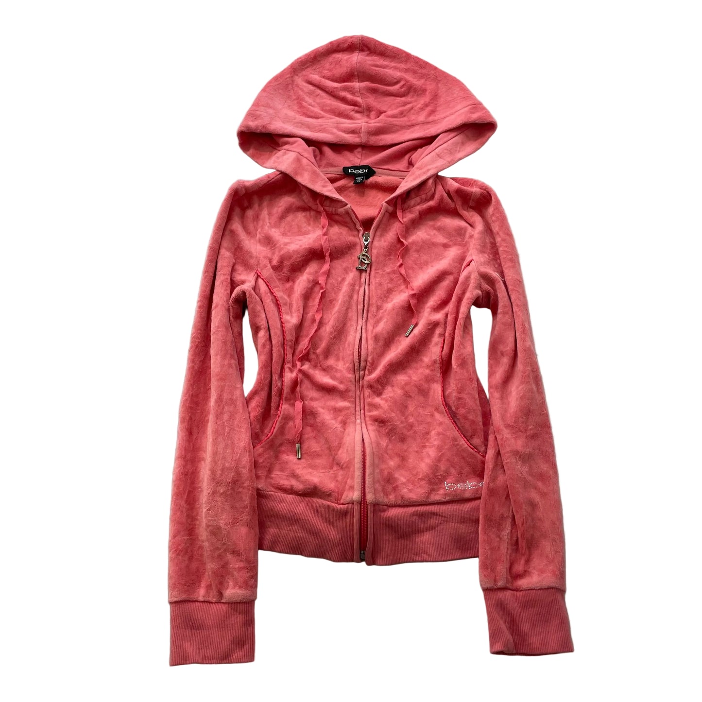 Bebe Women's Coral Pink Velour Zip-Up Hoodie Loungewear Rhinestone Logo Size XS