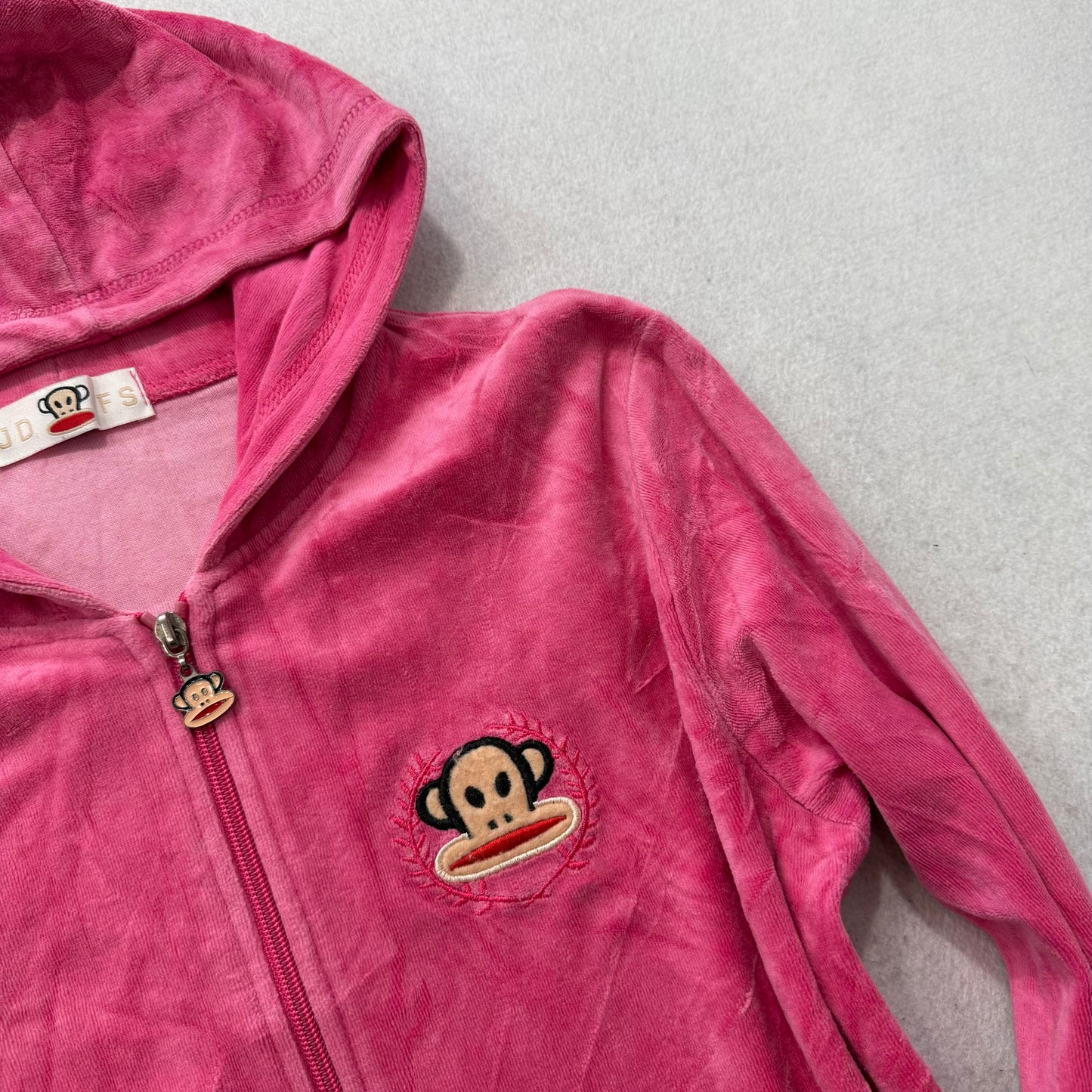 Paul Frank Women's Cranberry Velour Zip Up Hoodie Embroidered Monkey Logo Size M