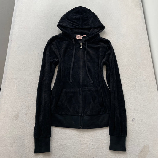 Vtg Juicy Couture Womens Black Velour Tracksuit Set Graphic Hoodie & Pant Size L