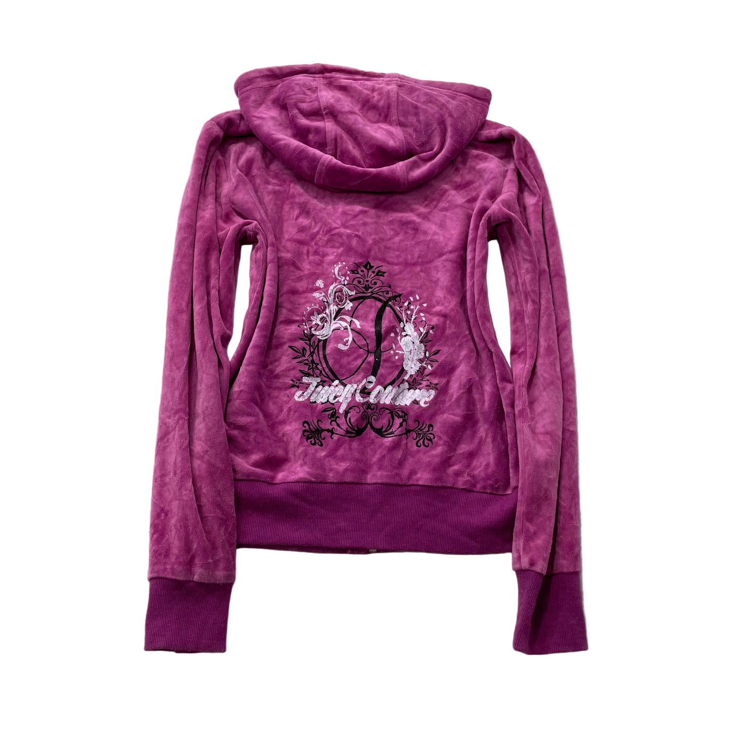 Vintage Juicy Couture Women's Magenta Velour Zip-Up Hoodie Graphic Logo Size S