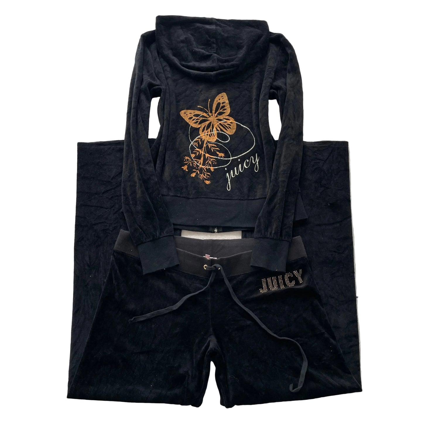 Vtg Juicy Couture Womens Black Velour Tracksuit Set Graphic Hoodie & Pant Size L