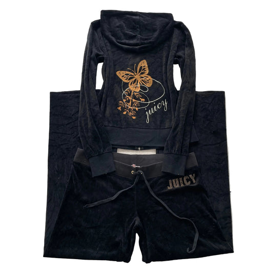 Vtg Juicy Couture Womens Black Velour Tracksuit Set Graphic Hoodie & Pant Size L