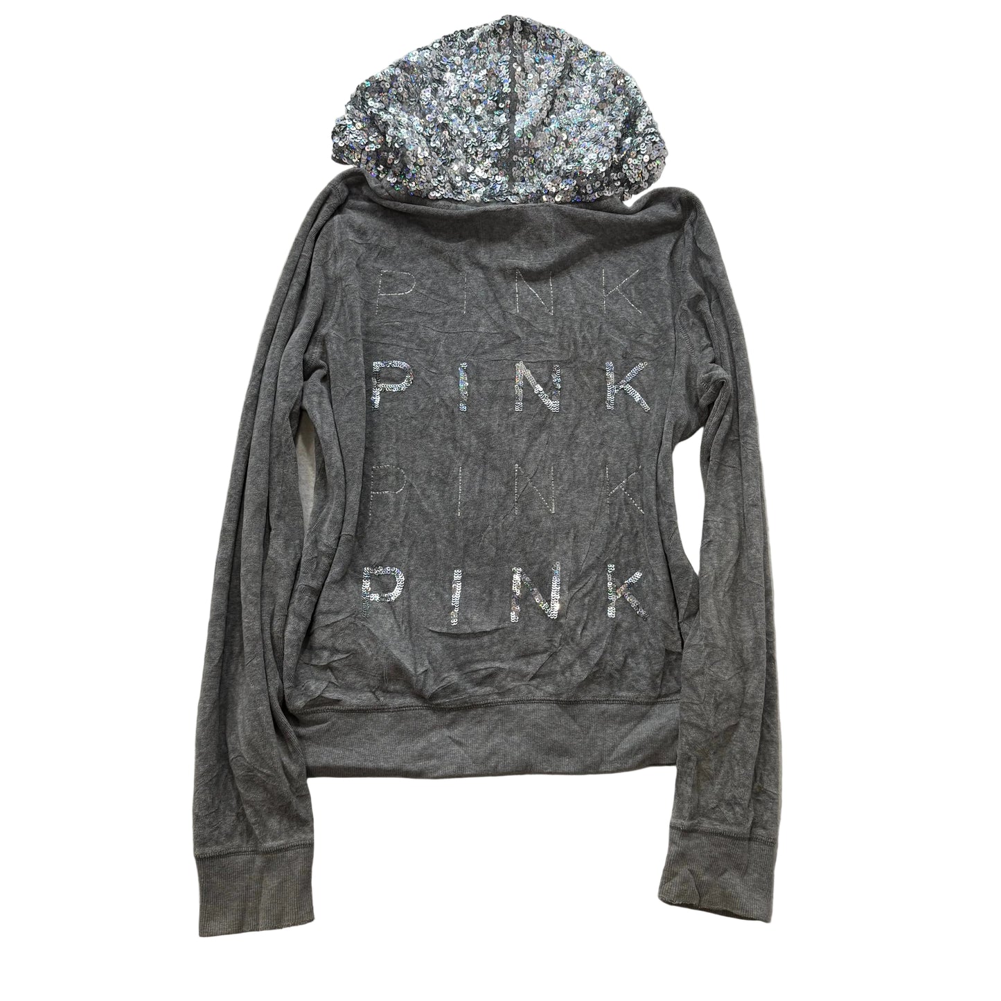 PINK Victoria Secret Womens Gray Velour Zip Up Hoodie Sequins Hooded Logo Size L