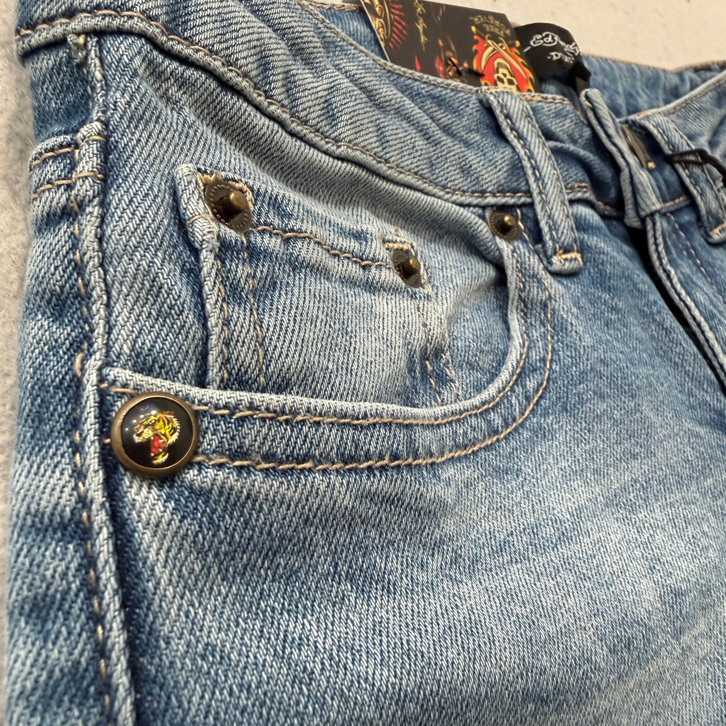 Ed Hardy Women's Blue Skull Rose Graphic Flare Denim Jeans Tattoo Print Size 24