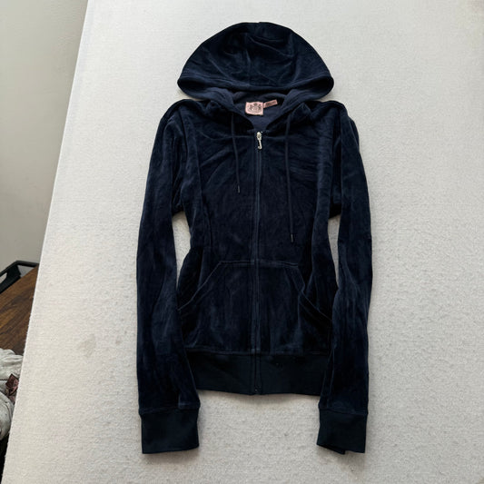 Vtg Juicy Couture Women's Navy Velour Tracksuit Set Hoodie & Flare Pant Size S/P