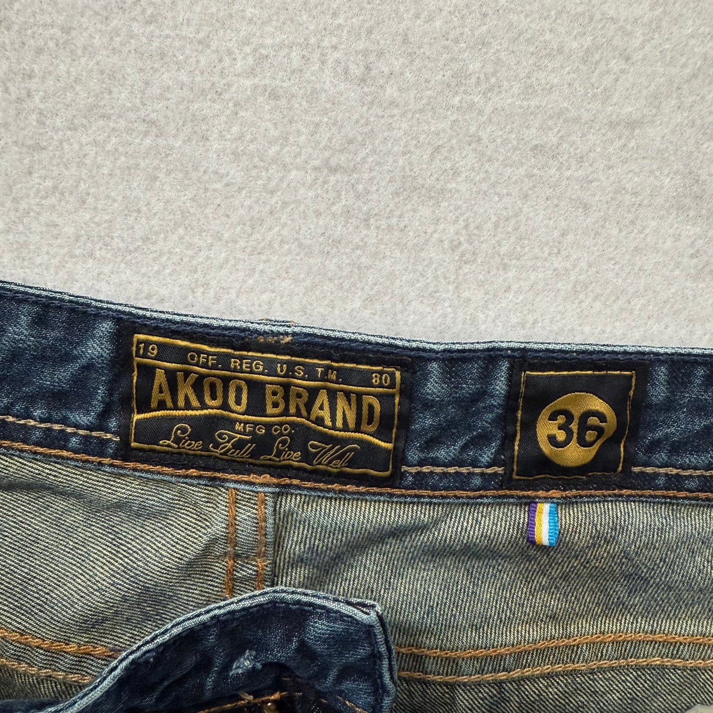 AKOO Medium Blue Distressed Denim Jeans Paint Splatter Ripped Knee Size 36