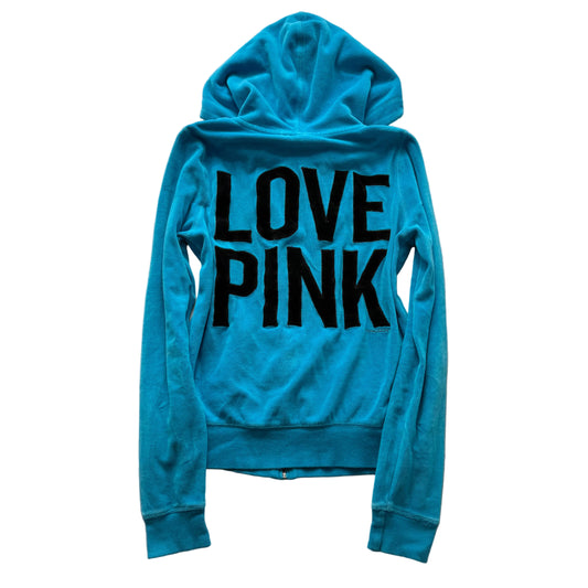 PINK Victoria's Secret Women Bright Cyan Velour Zip Up Hoodie Preppy Logo Size S