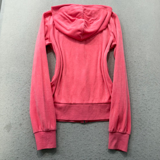 Juicy Couture Womens Vibrant Pink Velour Zip-Up Hoodie Loungewear Pockets Size M
