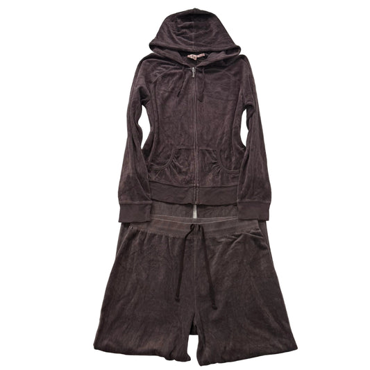 Vintage Juicy Couture Women' Dark Brown Velour Tracksuit Set Hoodie & Pant Size L