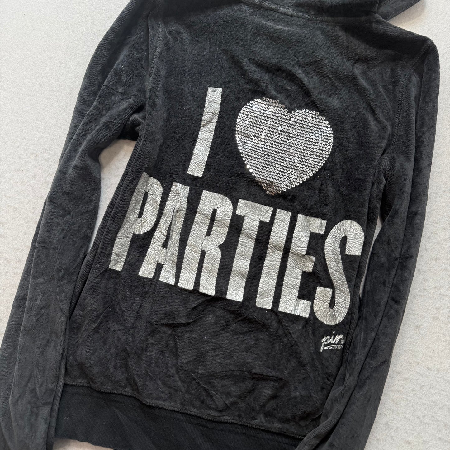 PINK Victoria's Secret Womens Black Velour Full Zip Hoodie Sequin Graphic Size M