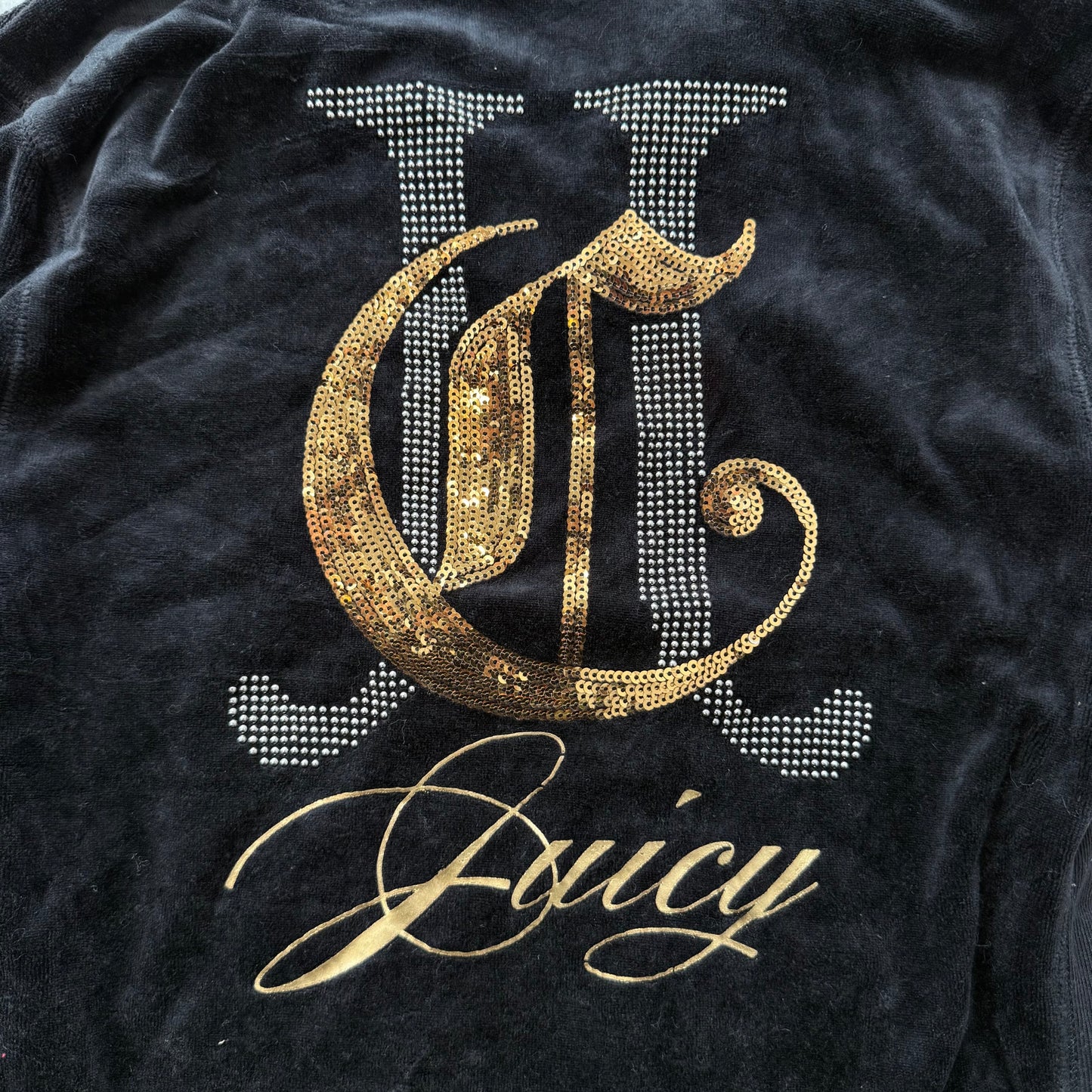 Juicy Couture Women's Black Velour Track Jacket Rhinestone Crown Graphic Size M
