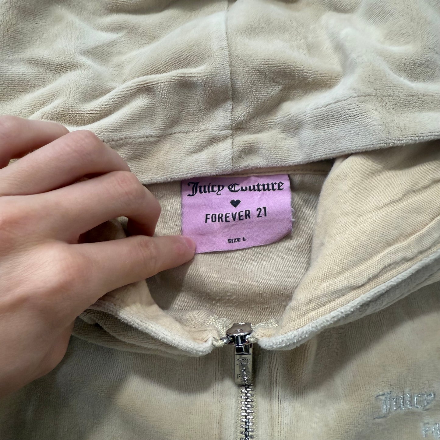 Juicy Couture Forever Women's Camel Velour Zip-Up Hoodie Rhinestones Logo Size L