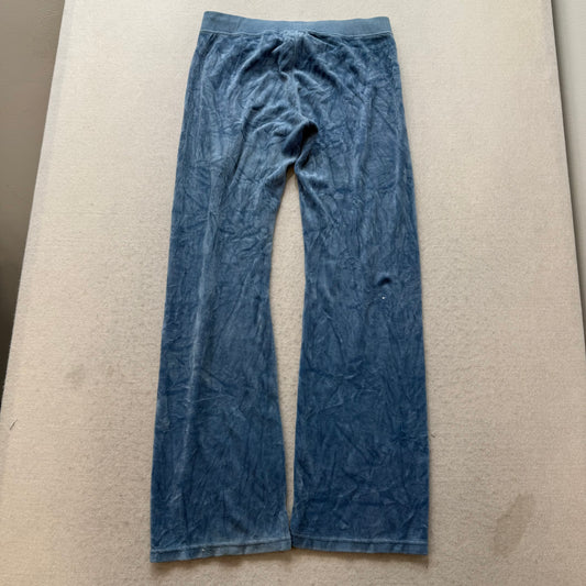 Juicy Couture Women's Slate Blue Velour Flare Track Pant Rhinestone Logo Size 14