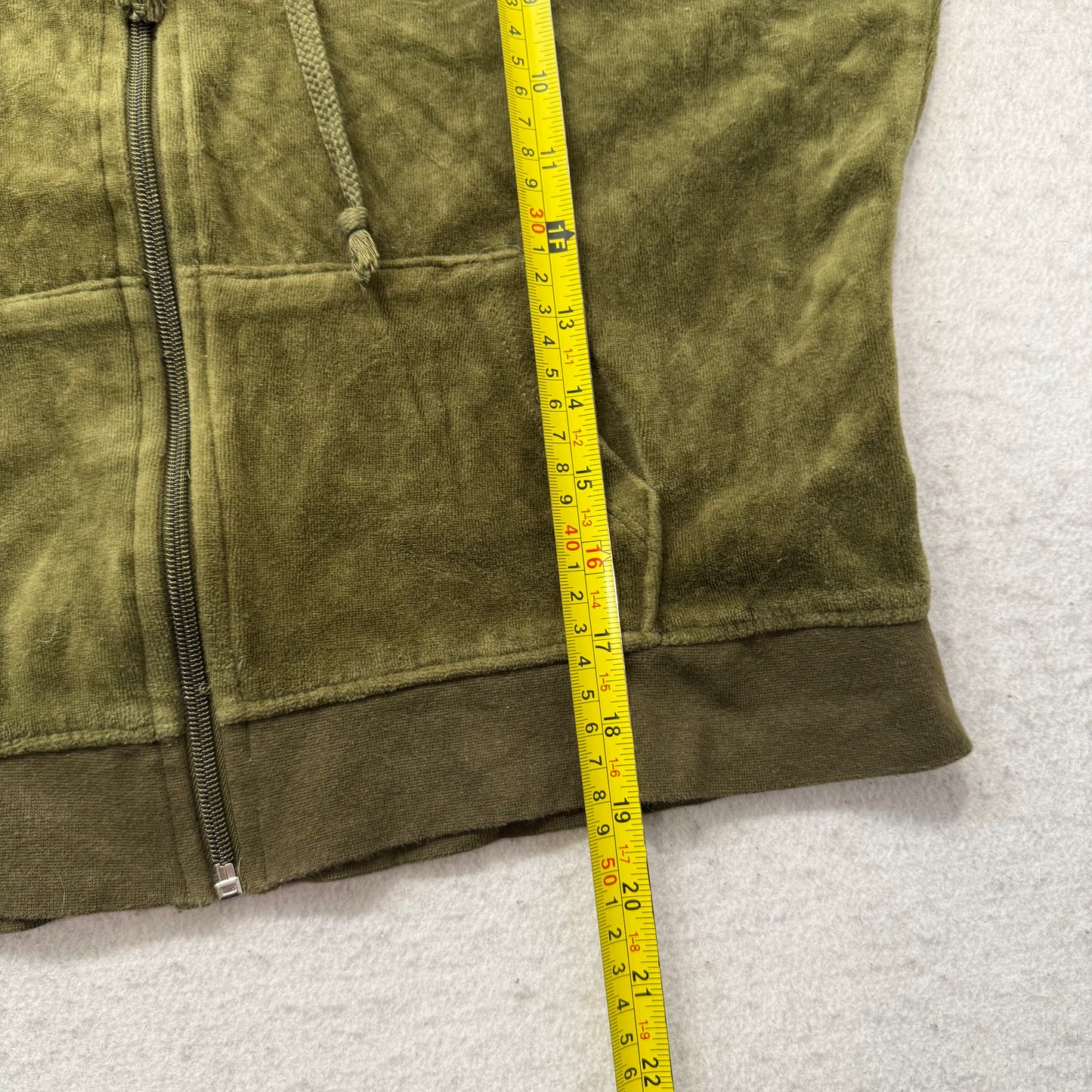 Juicy Couture Women's Olive Green Velour Zip-Up Hoodie Drawstring Pockets Size M