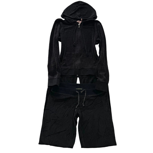 2003 Vintage Juicy Couture Women Black Velour Tracksuit Set Hoodie & Pant Size S
