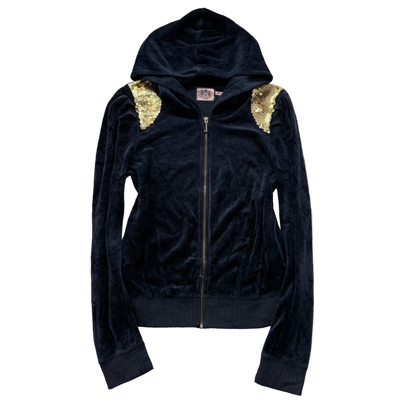 Juicy Couture Women's Navy Blue Velour Full Zip Hoodie Sequin Shoulders Size M